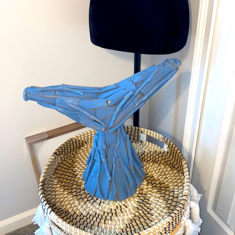 Driftwood Whale Tail painted in ocean blue, bought at Home Goods